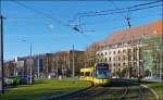 . A DVB Tram is running in Waisenhausstraße in Dresden on December 28th, 2012.