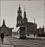 . A DVB tram is running on the Augustusbrücke in Dresden on December 28th, 2012.