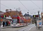 Tram N° 616 is arriving at the stop Domplatz Nord in Erfurt on December 26th, 2012.