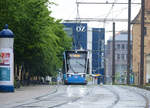 Tram 602 (line 2) belonging to RSAG (Rostocker Straßenbahn AG) is on its way into Neuer Markt in Rostock. Date: 8th June 2025.
