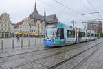 Tram 601 belonging to the company RSAG (Rostocker Straßenbahn AG) on line 1 at the marketplace (Neuer Markt) iin Rostock.
