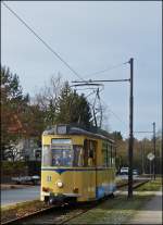 Tram N� 31 to Woltersdorf Schleuse is arriving at the stop Goethestra�e in Woltersdorf on December 27th, 2012.