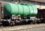 Wagon for ethanol transportation, a private wagon of Bundesmonopolverwaltung fr Branntwein, Verwaltsstelle fr Agraralkohol. This wagon No. 746 1 016-9 has up to 35000 l; wagon in a mixed goods train at Amstetten, 05.06.2010.