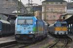 Double trouble? On a rainy 12 May 2018 MAV advertising TRAXX 480 012 and Szili 431 156 stand together at Budapest-Keleti.