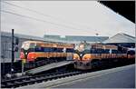 The CIE (Iarnród Éireann) diesel locomotives CC 085 and 073 await departure in Dublin Connolly Station (Baile Átha Cliaht Stáisún Ui Chonghaile).

Analog image from June 2001