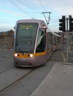 A Luas Tram is arriving on the Heuston Station in Dublin.