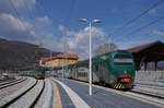 The Trenord Ale 711 161 (UIC 94 83 4711 161-9 I-TN) on the plattfrom 1 and the Trenord ETR 245 165 (UIC 94 83 4425 165-7 I-TN) on the plattform 2 in Porto Ceresio.