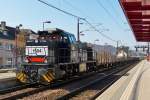 . The CFL Cargo 1584 is hauling a goods train through the station of Noertzange on March 11th, 2014.