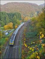 The IR 113 Liers - Luxembourg City is running between the tunnels Kautenbach and Kirchberg just before arriving into the station of Kautenbach on October 22nd, 2012.