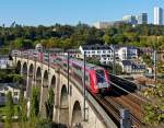 . 2200 double unit is running on the Clausen viaduct in Luxembourg City on September 23rd, 2014.