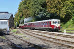 CFL Z 105 pulls the diesel multiple units Z 208 from the side track in the parking lot to the main track Fond de Gras. October.01.2023