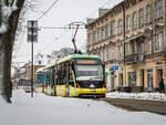 Tram Electron T3L44 1180 on route 1. This is the first short tram produced by Electron in 2014. Taken on January 14, 2024 on Stepan Bandera Street.
