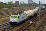 LPG tank train with CT 186 152 leaves Nijmegen on 14 April 2020. Due to works on the direct track Eindhoven--Tilburg, this train had to accept a serieus detour via Nijmegen, where locos were swapped with a change of direction. The detour went via Venlo to Nijmegen (a Diesel traject) and Nijmegen Tilburg (electric track)