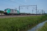 On 30 May 2026 Medway 186 219 hauls a completely empty rake of container carrying wagons through Valburg.
