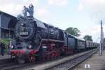 The decoration on the kettle's   dooor of VSM 44 1593 is a wink to the fact, that in the 100th year of ex-DRG Class 44 only one 44 in Western Europe is inoperational condition and that that one is outside Germany! VSM 44 1593 readies herself with one of the many steam shuttle trains to/from Loenen at Beekbergen on 5 September2026 during the  Terug naar Toen   steam train bonanza.