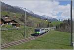 Near Enge in the Simmental, the BLS Re 4/4 II 504 (formerly SBB-CFF FFS) is on its RE service from Interlaken Ost to Zweisimmen.
April 14, 2021