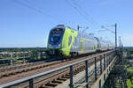 DB 445 023 on the Rendsburg High Bridge near Osterrönfeld in Schleswig-Holstein. Photo taken on August 17, 2025. The train is a TWINDEXX Vario double-deck multiple unit of Deutsche Bahn. It is an evolution of the double-deck platform from Gö ...