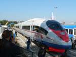 New Russian high speed train SAPSAN (Velaro RUS), based on German ICE3, will connect Moscow and St. Petersburg with a maximum speed of 250 km/h (155 mph). Innotrans in Berlin, 2008