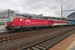 On 27 June 2022 ZSSK 383 106 stands with EC 263 -among others an overnight train portion to Kosice and beyond- at Praha hl.n.