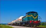 Diesel loc 643-028 pull freight train through Šikole on the way to Kidričevo. /20.5.2014