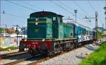 Diesel loc 642-199 pull passenger train through Maribor-Tabor on the way to Ptuj. /18.7.2014