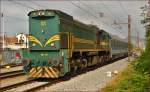 Diesel loc 664-115 pull MV247 'Citadella' through Maribor-Tabor on the way to Budapest. /27.10.2014
