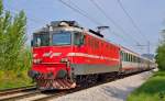 Electric locomotive 342-014 is hauling EC151 'Emona' through Maribor-Tabor on the way to Ljubljana. /12.09.2012