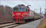 Electric loc 342-025 is hauling EC151 'Emona' through Maribor-Tabor on the way to Ljubljana. /7.1.2014