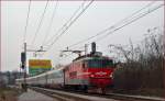 Electric loc 342-025 is hauling EC158 'Croatia' through Maribor-Tabor on the way to Vienna. /3.3.2014