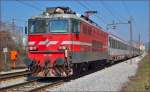 Electric loc 342-023 pull EC151 'Emona' through Maribor-Tabor on the way to Ljubljana. /13.3.2014