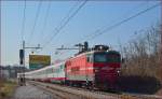Electric loc 342-023 is hauling EC158 'Croatia' through Maribor-Tabor on the way to Vienna. /13.3.2014