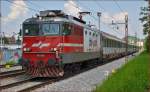 Electric loc 342-025 pull EC151 'Emona' through Maribor-Tabor on the way to Ljubljana. /2.5.2014