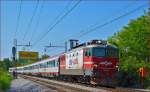 Electric loc 342-025 pull EC158 'Croatia' through Maribor-Tabor on the way to Vienna. /2.5.2014