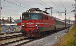 Electric loc 342-023 pull EC151 'Emona' through Maribor-Tabor on the way to Ljubljana. /9.12.2014