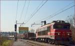 Electric loc 363-028 is hauling freight train through Maribor-Tabor on the way to the north. /13.3.2014