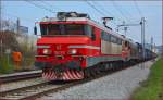 Electric loc 363-011 pull container train through Maribor-Tabor on the way to Koper port. /26.3.2014