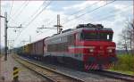 Electric loc 363-021with freight train from Koper Port is arriving at Pragersko station. /28.3.2014 
