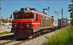 Electric loc 363-019 pull container train through Maribor-Tabor on the way to Koper port. /20.5.2014