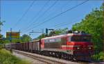 Electric loc 363-003 pull freight train through Maribor-Tabor on the way to the north. /21.5.2014