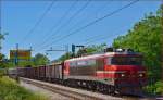 Electric loc 363-003 pull freight train through Maribor-Tabor on the way to the north.