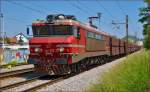 Electric loc 363-028 pull freight train through Maribor-Tabor on the way to Koper port. /21.5.2014