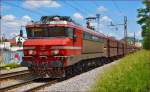 Electric loc 363-015 pull freight train through Maribor-Tabor on the way to Koper port. /26.5.2014