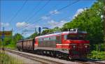 Electric loc 363-001 pull freight train through Maribor-Tabor on the way to the north.