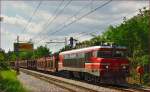 Electric loc 363-009 pull freight train through Maribor-Tabor on the way to the north. /8.8.2014