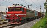 Electric loc 363-014 pull container train through Maribor-Tabor on the way to Koper port. /3.9.2014