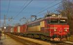 Electric loc 363-002 pull container train through Maribor-Tabor on the way to Koper port. /20.12.2014