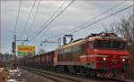 Electric loc 363-004 pull freight train through Maribor-Tabor on the way to the north.