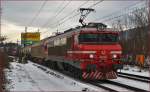 Electric loc 363-025 pull freight train through Maribor-Tabor on the way to the north. /10.2.2015