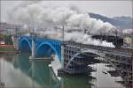 Steam loc 06-018 pull passenger train over Drava Bridge on the way to Pragersko. /16.12.2014