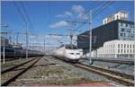 The RENFE AVE 100 221-1 (9 6 71 9-100 221-1) reaches Lyon Part Dieu station from the (former) Lyon Brottaux station, where the train was briefly parked.